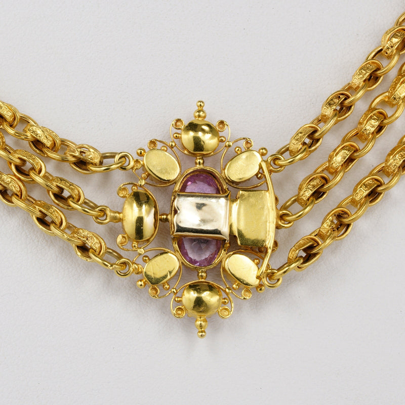 Georgian Antique Pink Topaz and Gold Cannetille Necklace