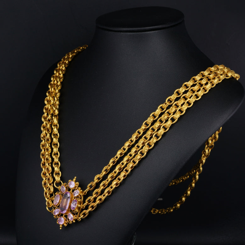 Georgian Antique Pink Topaz and Gold Cannetille Necklace