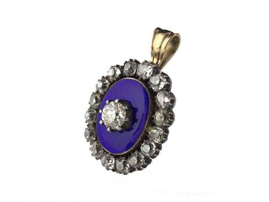 Antique Georgian Diamond and Blue Enamel Guilloche Pendant