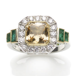 Golden Sapphire, Emerald & Diamond Cluster Ring