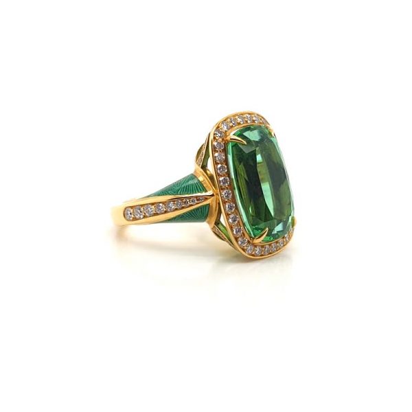 Green Tourmaline Diamond and Enamel Ring