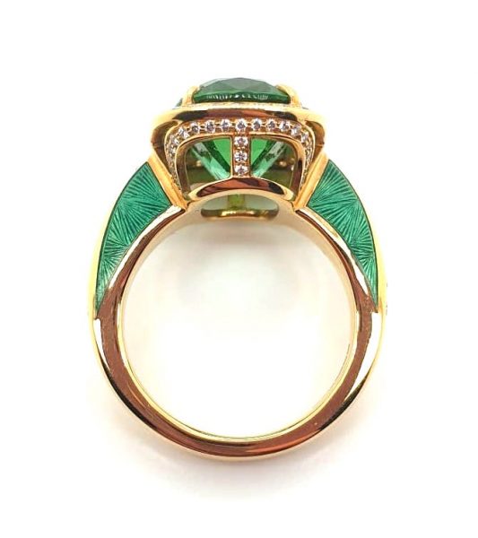 Green Tourmaline Diamond and Enamel Ring