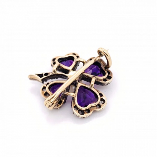 Antique Victorian Amethyst and Diamond Four-Leaf Clover Brooch