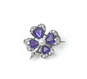 Antique Victorian Amethyst and Diamond Four-Leaf Clover Brooch