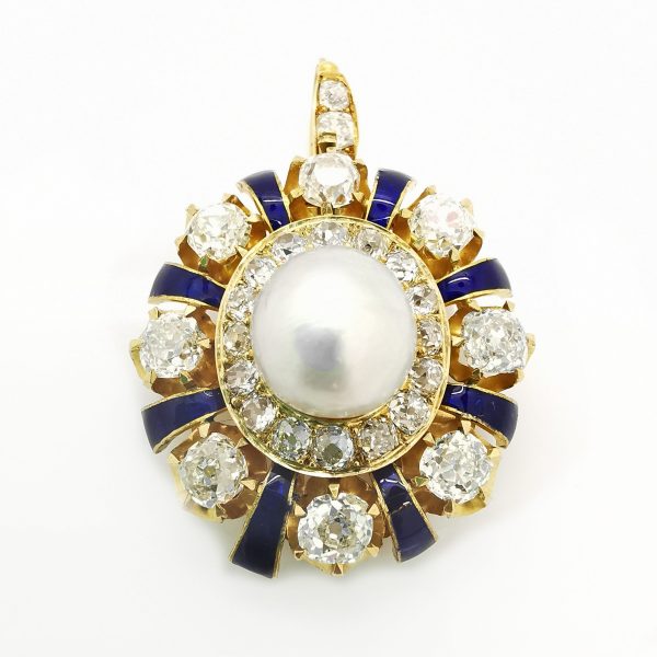 Fine Antique Victorian Natural Pearl, Diamond And Blue Enamel Pendant Brooch