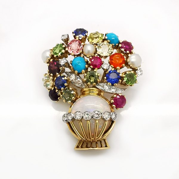 1950's Multi Gem and Diamond Basket Brooch