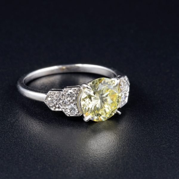 Vintage French Certified 1.91ct Fancy Yellow Diamond Platinum Ring