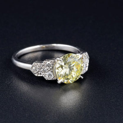 Vintage French Certified 1.91ct Fancy Yellow Diamond Platinum Ring