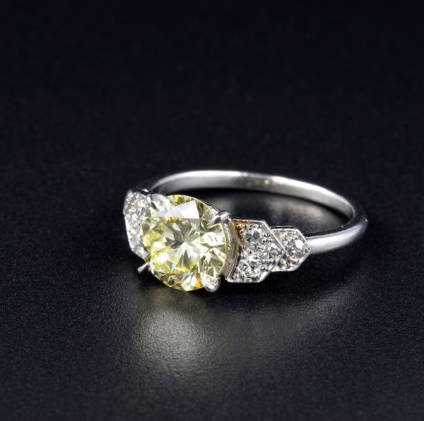 Vintage French Certified 1.91ct Fancy Yellow Diamond Platinum Ring