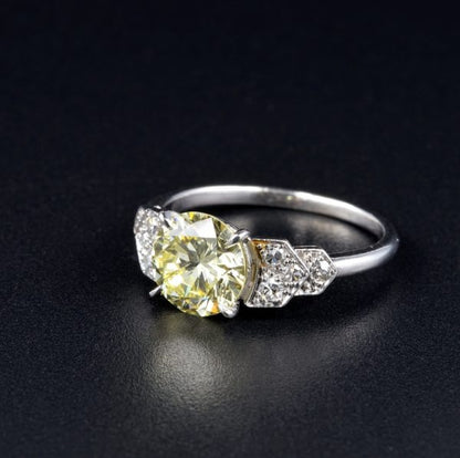 Vintage French Certified 1.91ct Fancy Yellow Diamond Platinum Ring