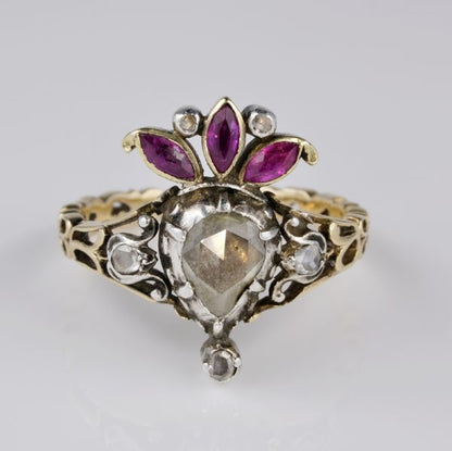Rare Antique Georgian Crowned Heart Diamond and Ruby Ring