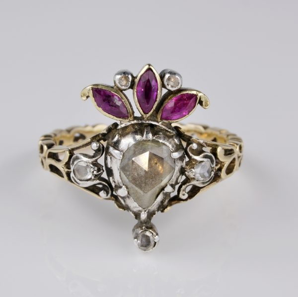 Rare Antique Georgian Crowned Heart Diamond and Ruby Ring