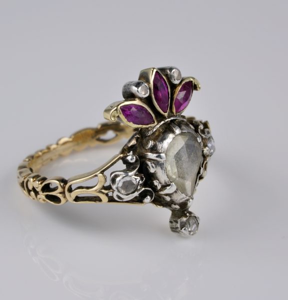 Rare Antique Georgian Crowned Heart Diamond and Ruby Ring