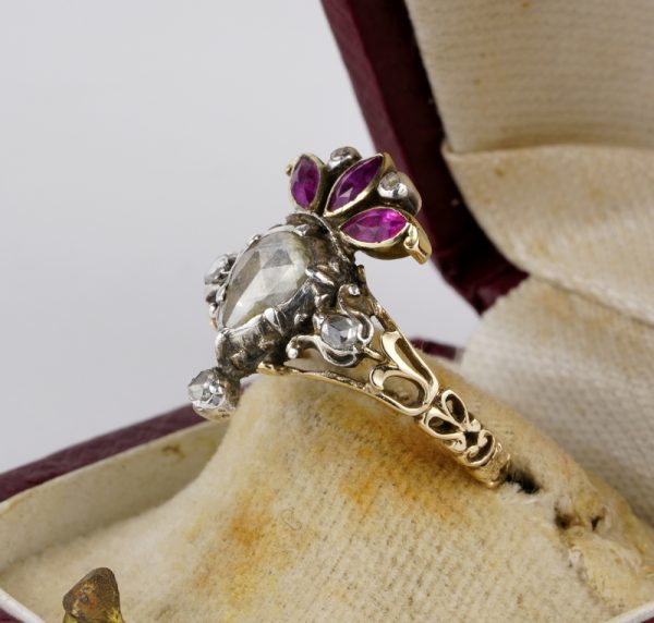 Rare Antique Georgian Crowned Heart Diamond and Ruby Ring