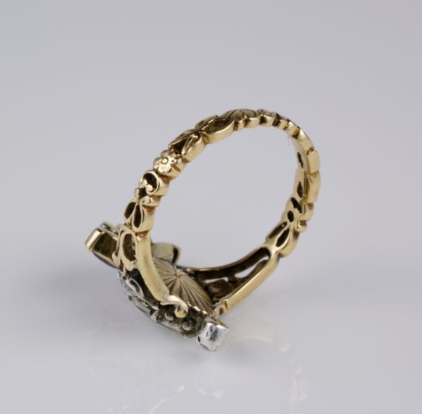 Rare Antique Georgian Crowned Heart Diamond and Ruby Ring