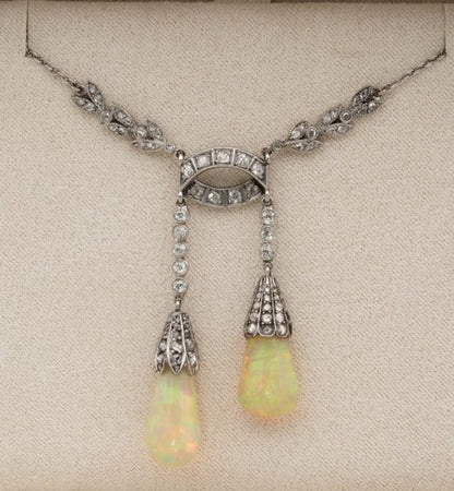 Antique Edwardian Rare Australian Opal Drop Diamond Platinum Negligee Necklace
