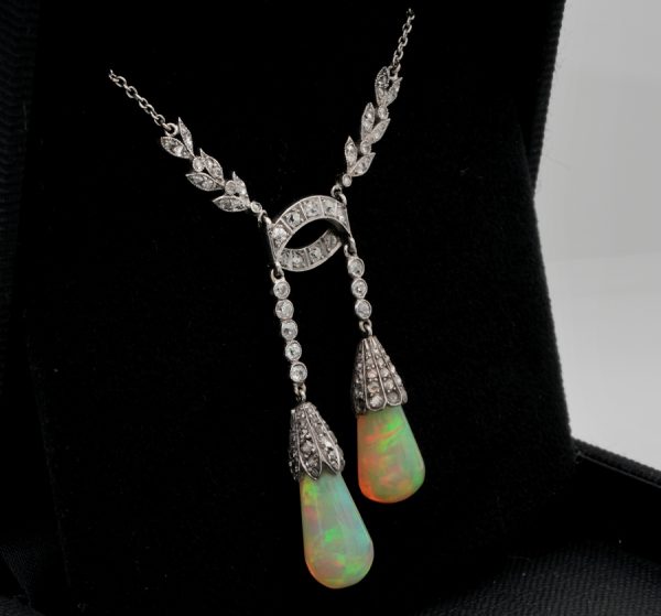 Antique Edwardian Rare Australian Opal Drop Diamond Platinum Negligee Necklace