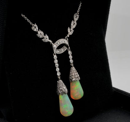 Antique Edwardian Rare Australian Opal Drop Diamond Platinum Negligee Necklace