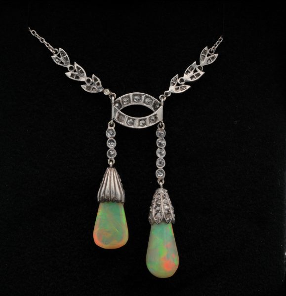 Antique Edwardian Rare Australian Opal Drop Diamond Platinum Negligee Necklace