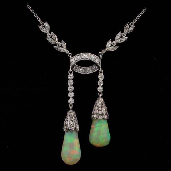 Antique Edwardian Rare Australian Opal Drop Diamond Platinum Negligee Necklace