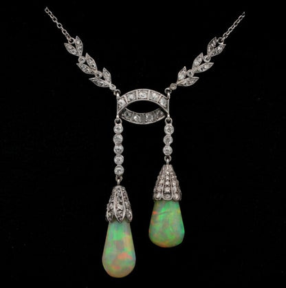 Antique Edwardian Rare Australian Opal Drop Diamond Platinum Negligee Necklace