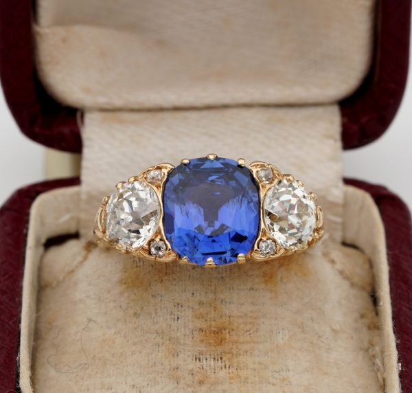 Antique Edwardian 3.48ct No Heat Ceylon Sapphire and 2.25ct Diamond Trilogy Ring