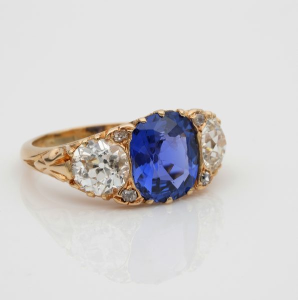 Antique Edwardian 3.48ct No Heat Ceylon Sapphire and 2.25ct Diamond Trilogy Ring