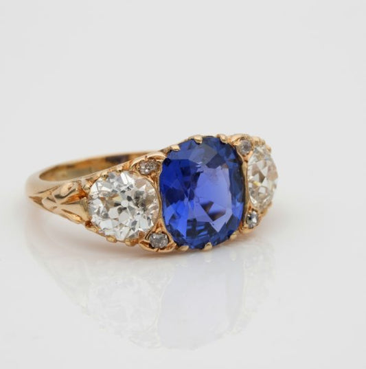 Antique Edwardian 3.48ct No Heat Ceylon Sapphire and 2.25ct Diamond Trilogy Ring