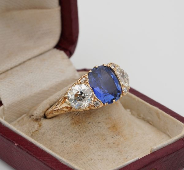 Antique Edwardian 3.48ct No Heat Ceylon Sapphire and 2.25ct Diamond Trilogy Ring