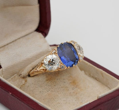 Antique Edwardian 3.48ct No Heat Ceylon Sapphire and 2.25ct Diamond Trilogy Ring