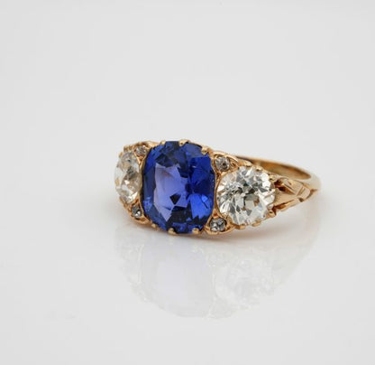 Antique Edwardian 3.48ct No Heat Ceylon Sapphire and 2.25ct Diamond Trilogy Ring