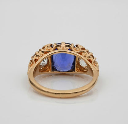 Antique Edwardian 3.48ct No Heat Ceylon Sapphire and 2.25ct Diamond Trilogy Ring
