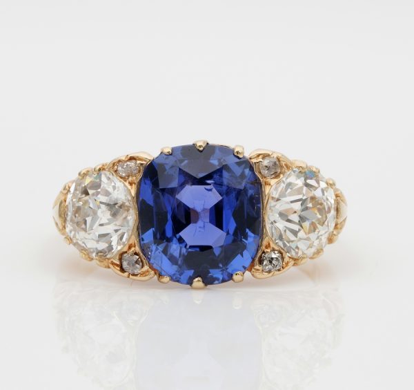 Antique Edwardian 3.48ct No Heat Ceylon Sapphire and 2.25ct Diamond Trilogy Ring