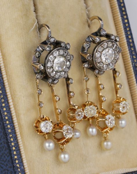 Antique Victorian 4.30ct Old Mine Cut Diamond and Natural Pearl Earrings