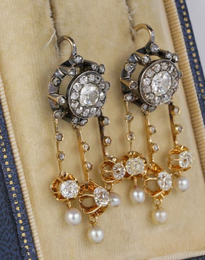 Antique Victorian 4.30ct Old Mine Cut Diamond and Natural Pearl Earrings