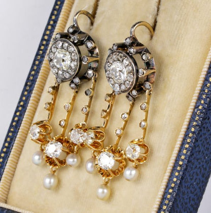 Antique Victorian 4.30ct Old Mine Cut Diamond and Natural Pearl Earrings