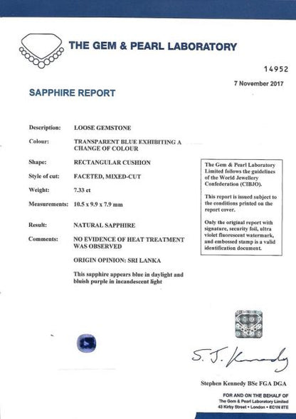 Magnificent 7.33ct No Heat Colour Change Certified Sapphire 1.30ct Diamond Ring