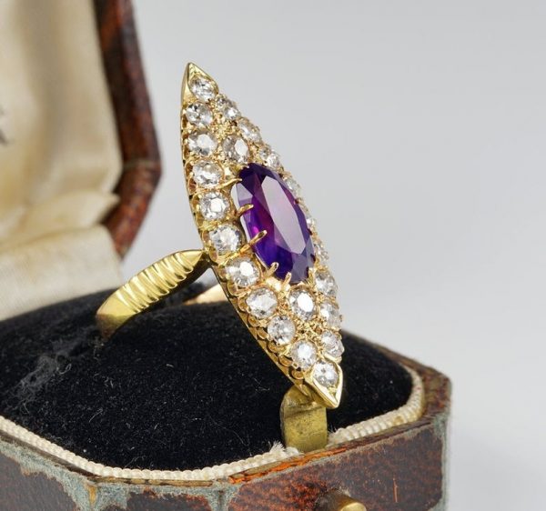 Antique Victorian 1.80ct No Heat Purple Ceylon Sapphire and 2.0ct Diamond Navette Ring