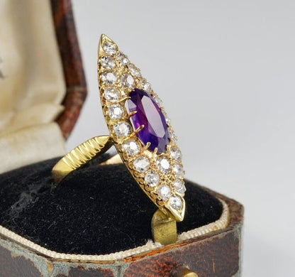 Antique Victorian 1.80ct No Heat Purple Ceylon Sapphire and 2.0ct Diamond Navette Ring