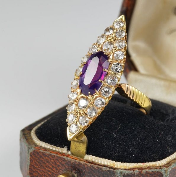 Antique Victorian 1.80ct No Heat Purple Ceylon Sapphire and 2.0ct Diamond Navette Ring