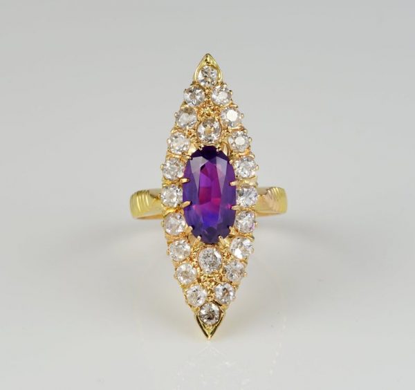 Antique Victorian 1.80ct No Heat Purple Ceylon Sapphire and 2.0ct Diamond Navette Ring