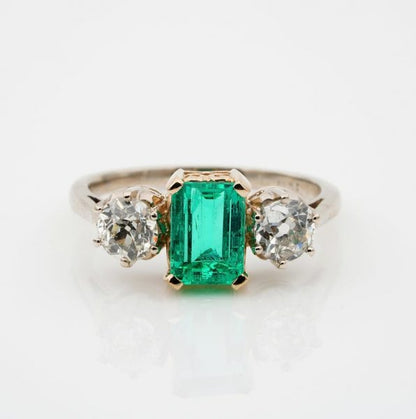 Vintage 1940s 1.60ct Colombian Emerald and 1.20ct Old Mine Cut Diamond Ring