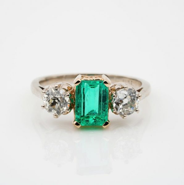 Vintage 1940s 1.60ct Colombian Emerald and 1.20ct Old Mine Cut Diamond Ring