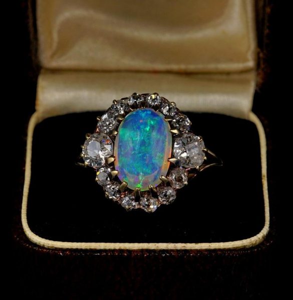 Magnificent Antique Victorian Natural Opal and 1.80ct Old Mine Diamond Ring