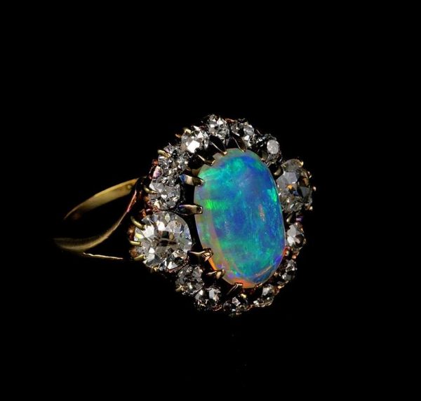 Magnificent Antique Victorian Natural Opal and 1.80ct Old Mine Diamond Ring