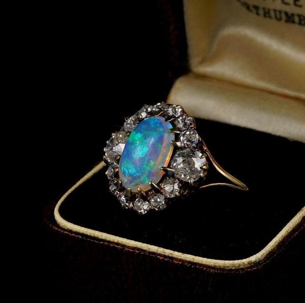 Magnificent Antique Victorian Natural Opal and 1.80ct Old Mine Diamond Ring