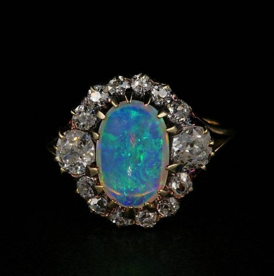 Magnificent Antique Victorian Natural Opal and 1.80ct Old Mine Diamond Ring