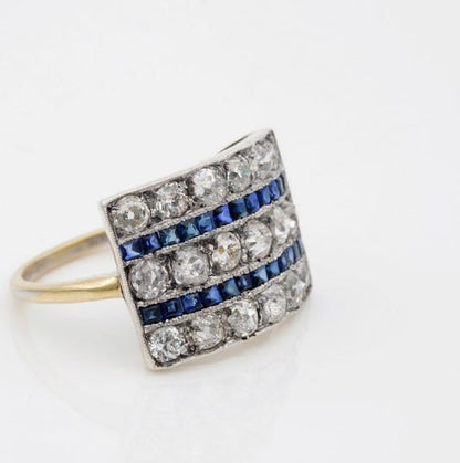 Antique Art Deco 2.70ct Diamond and 1.40ct Natural Sapphire Wide Panel Ring