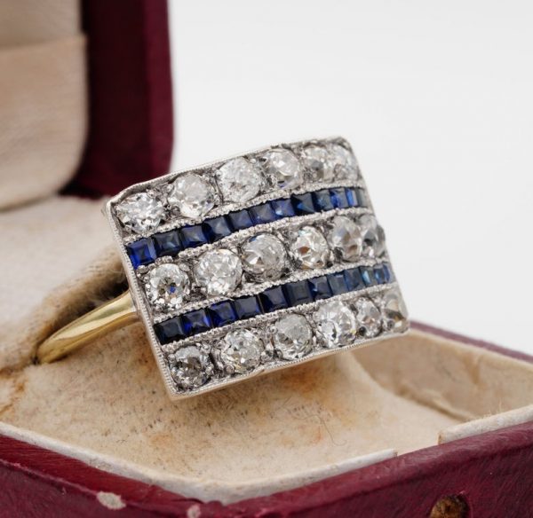 Antique Art Deco 2.70ct Diamond and 1.40ct Natural Sapphire Wide Panel Ring