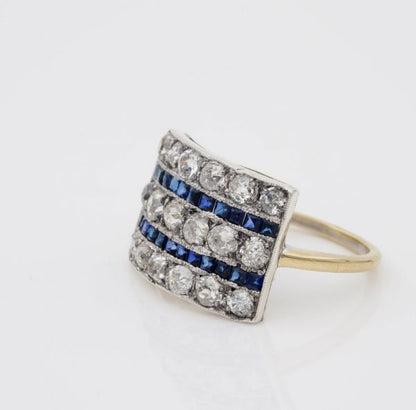 Antique Art Deco 2.70ct Diamond and 1.40ct Natural Sapphire Wide Panel Ring